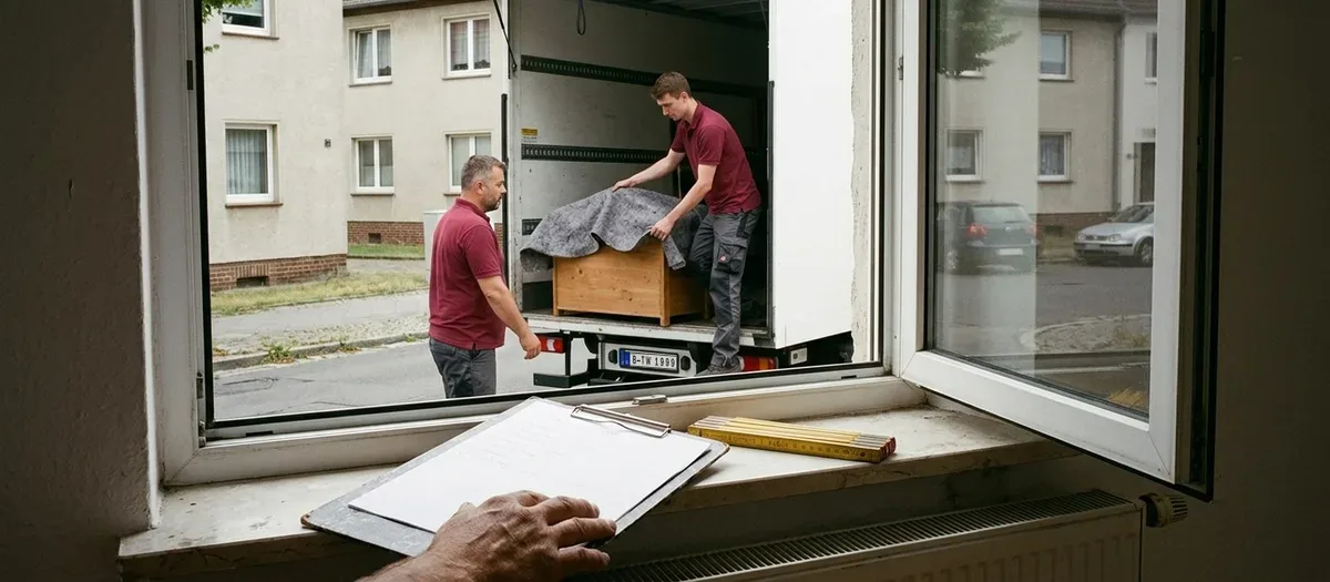 Hand mit Klemmbrett und Zollstock auf einer Fensterbank in einem leeren Zimmer