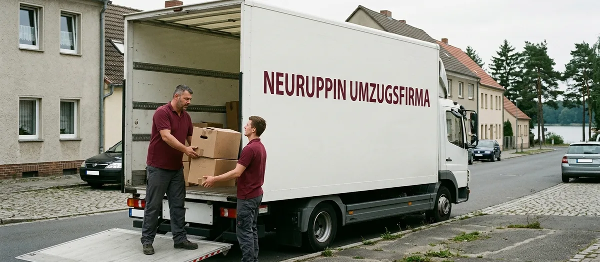 Zwei Umzugshelfer laden Kartons über die abgesenkte Ladebordwand aus dem Umzugswagen, im Hintergrund eine Neuruppiner Wohnstraße