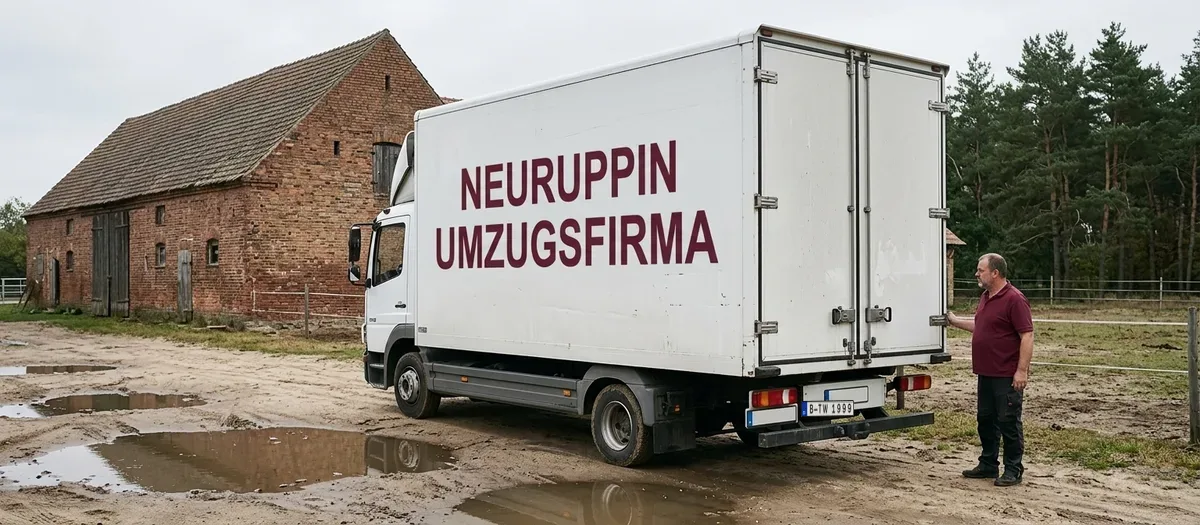 Der Umzugswagen steht auf einem sandigen Hof neben einer alten Backsteinscheune