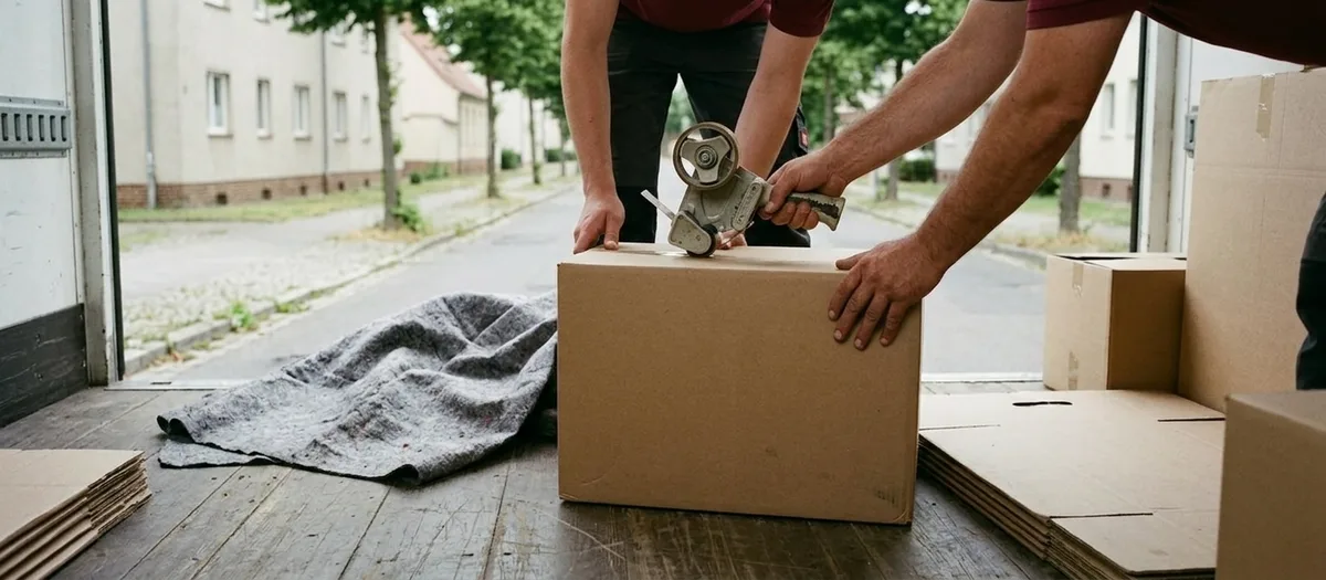 Zwei Paar Hände verkleben einen braunen Umzugskarton auf dem Holzboden einer leeren Wohnung, daneben flach gefaltete Kartons und eine graue Möbeldecke