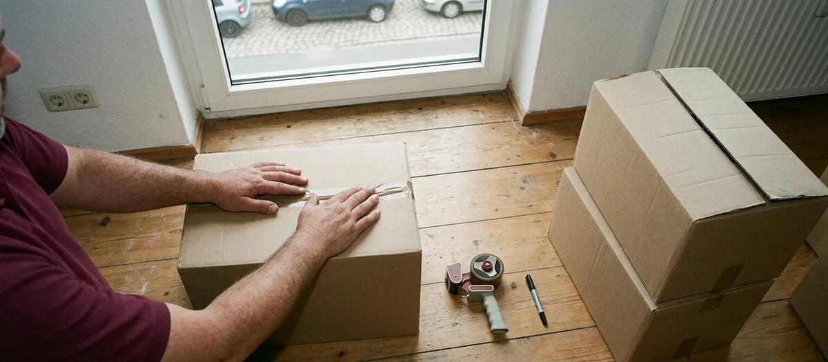 Hände verkleben einen Umzugskarton mit Packband, daneben Tape-Roller und zwei fertig verschlossene Kartons