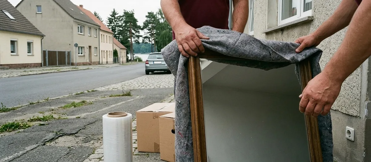 Zwei Hände legen eine Umzugsdecke über die Ecke eines großen Wandspiegels, daneben eine Rolle Stretchfolie