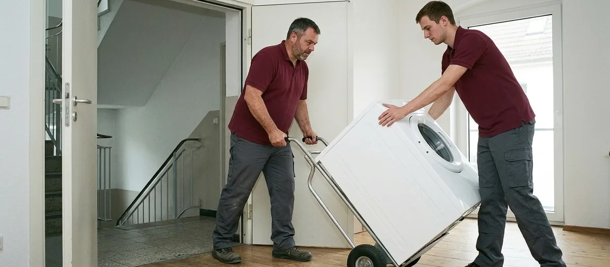 Zwei Umzugshelfer bewegen eine Waschmaschine auf der Sackkarre durch eine Wohnungstür