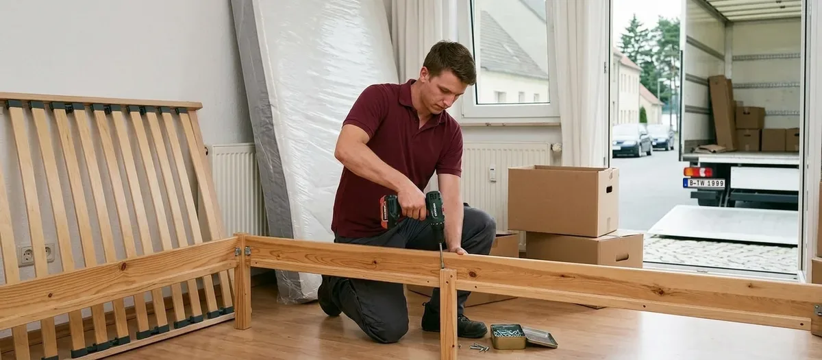 Ein Umzugshelfer zerlegt mit dem Akkuschrauber ein Holzbettgestell, der Lattenrost lehnt an der Wand