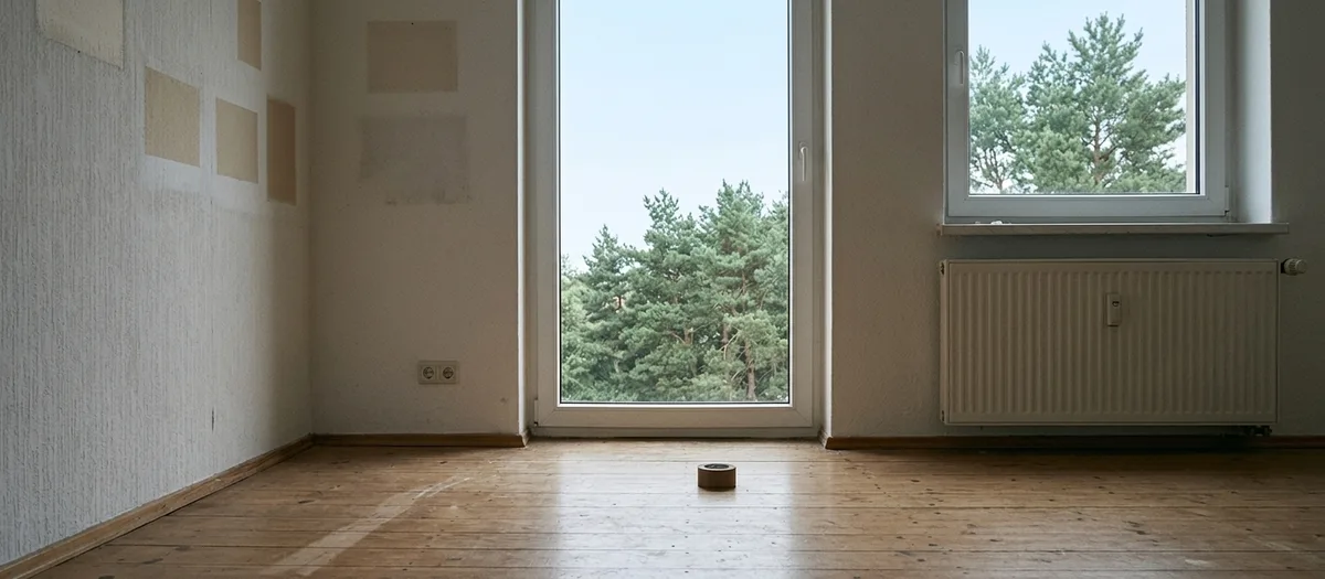 Leergeräumtes Zimmer mit blanken Dielen und hellen Flecken an der Tapete, wo Bilder hingen
